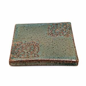 Handmade Studio Art Ceramic Tile Textured Green Glaze Botanical Motif Signed